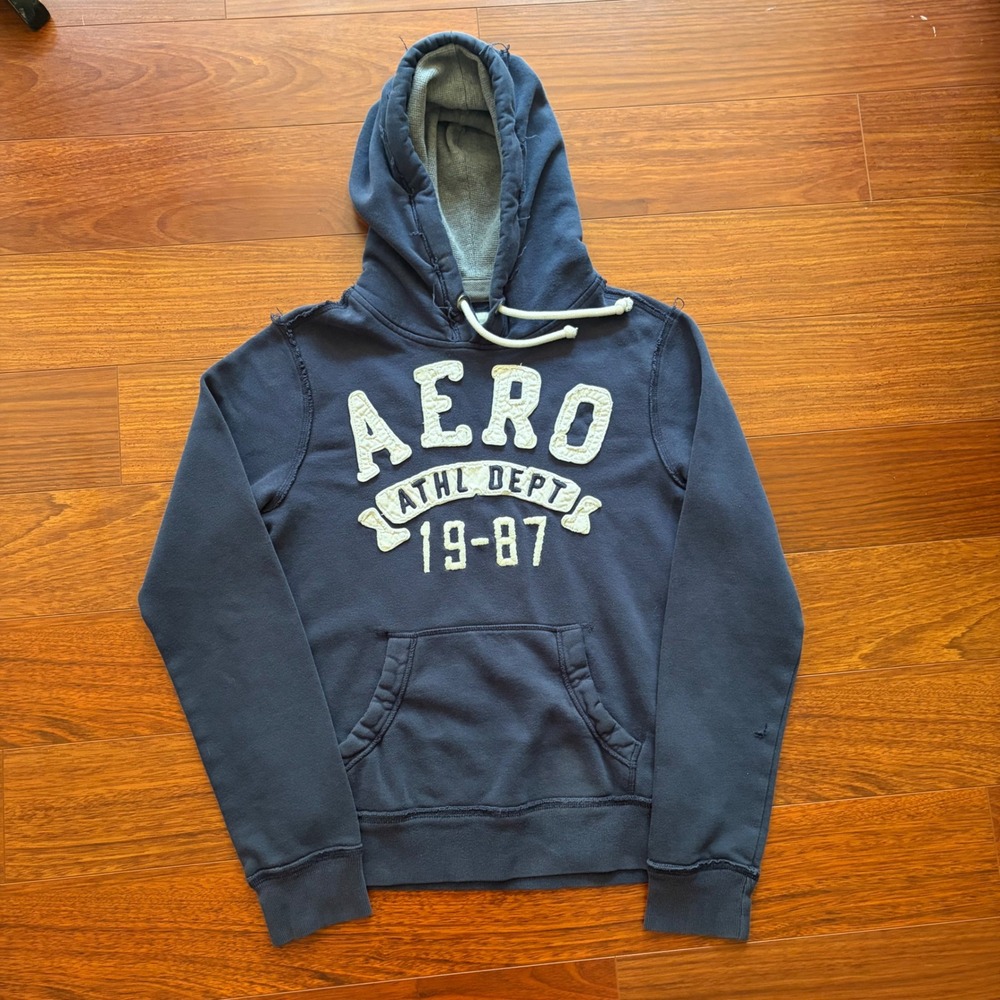 Aeropostale Mens XS Navy Blue Athl Dept 1987 Applique Pullover Hoodie Sweatshirt